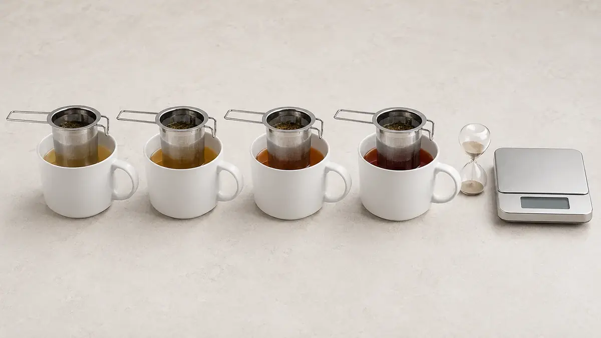 Four white mugs in a row, each with a steel infuser basket, the tea in each at a different strength, beside a sand timer and a kitchen scale
