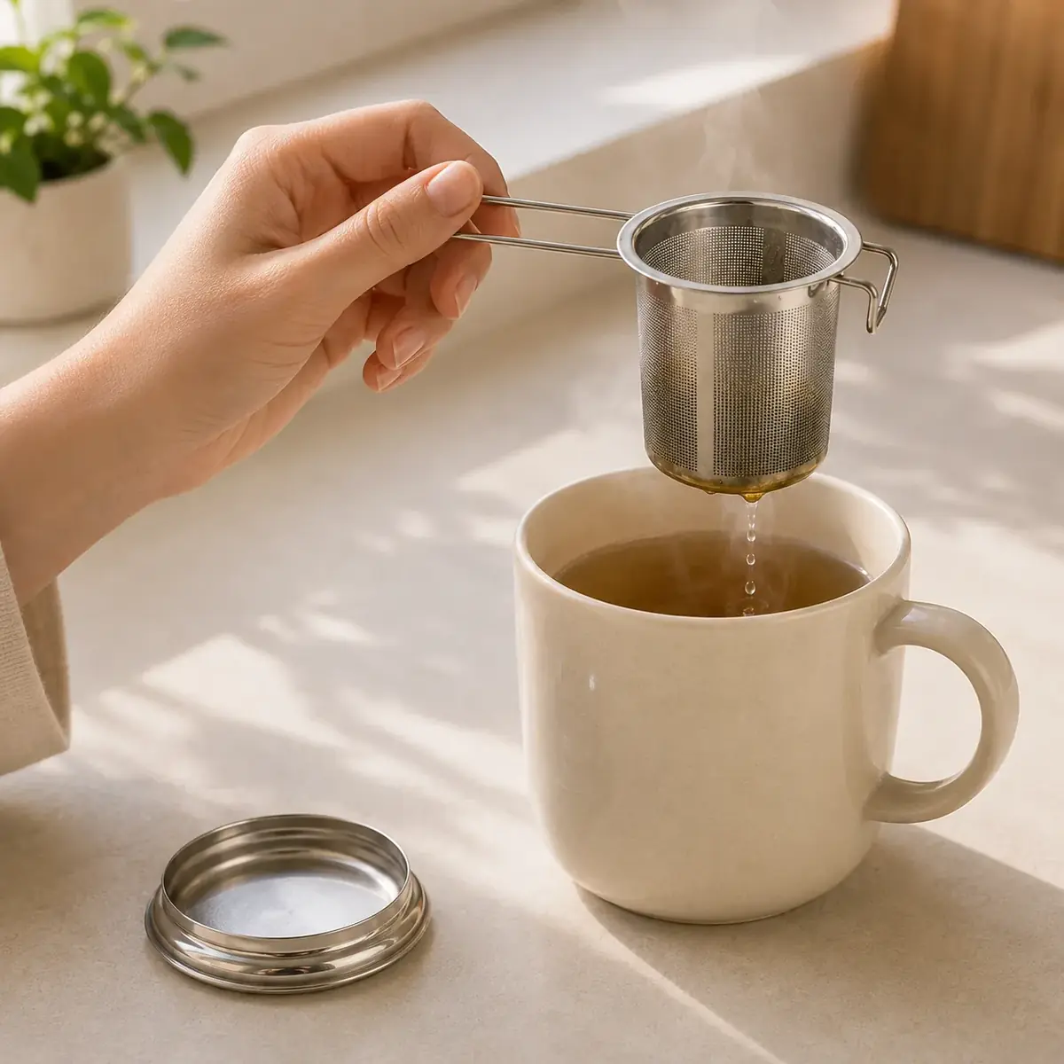 A hand lifting a steel infuser basket by its long flat handle above a mug of amber tea