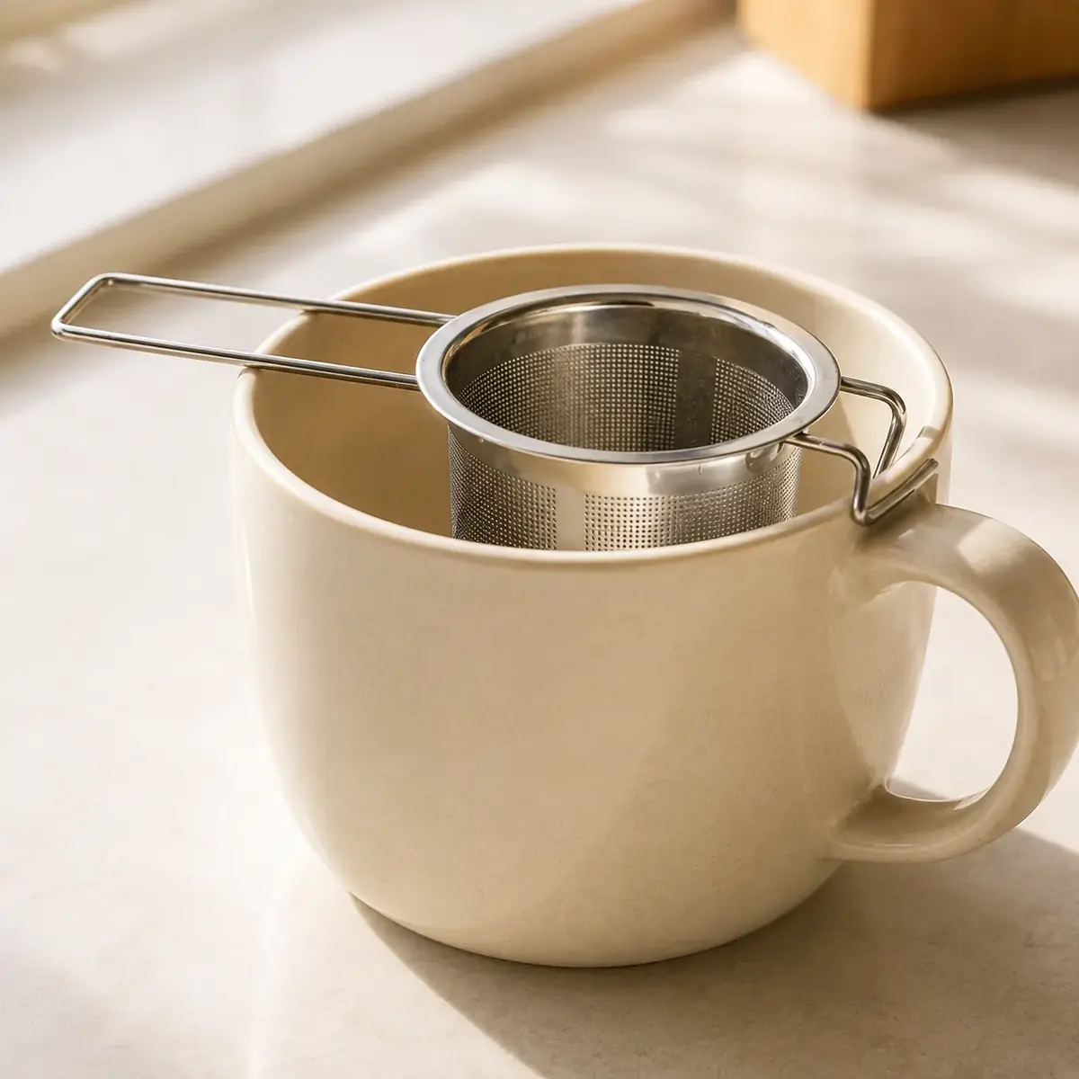 A steel infuser basket balanced on the rim of a wide ceramic mug on its two unequal handles