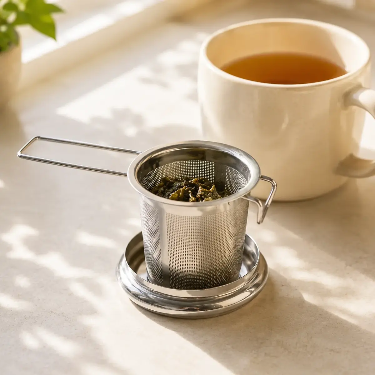 A steel infuser basket full of damp leaves standing on its upturned domed lid beside a cup of amber tea