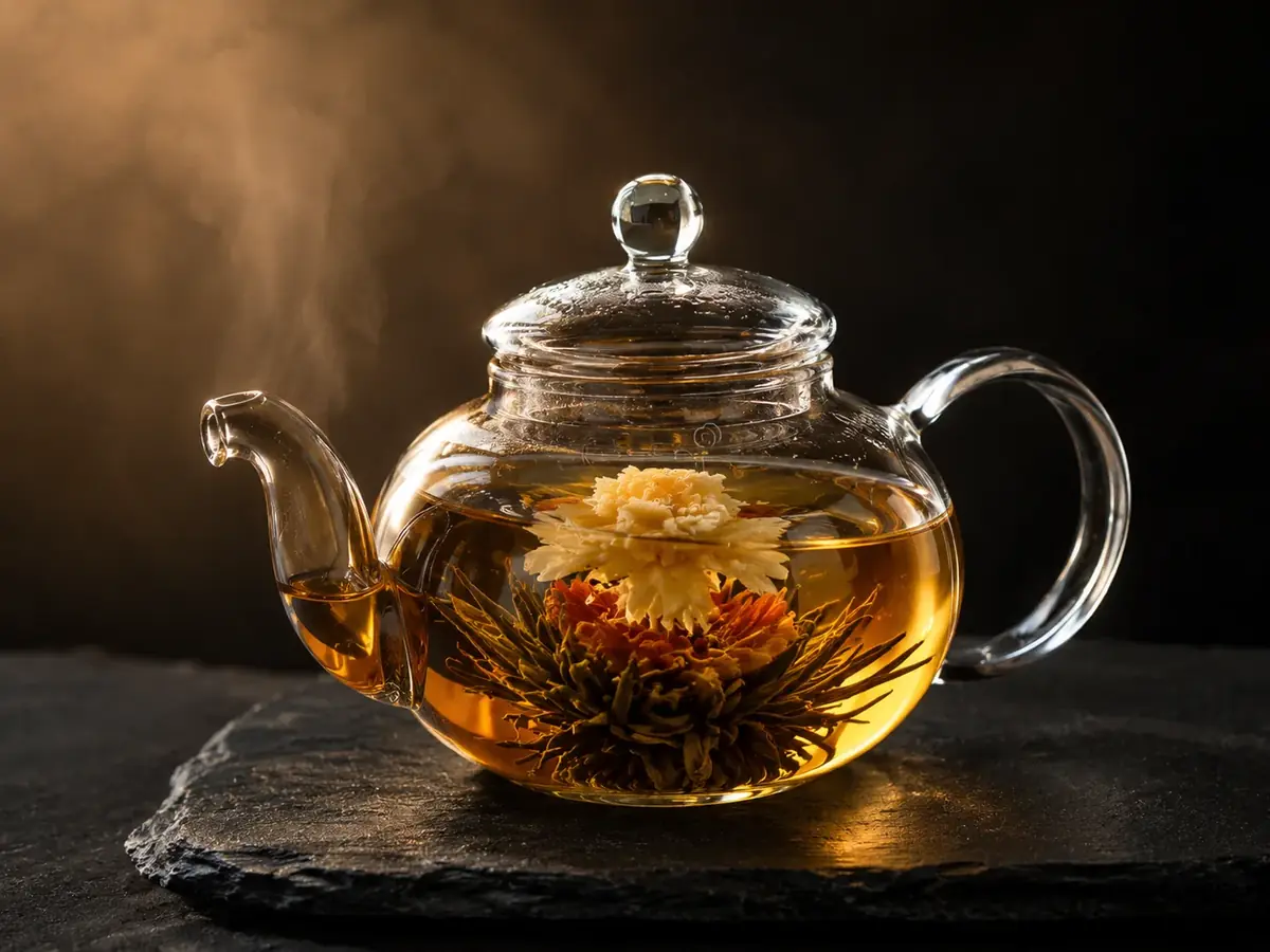 A blooming tea flower opening inside a glass teapot, lit from behind against a dark background