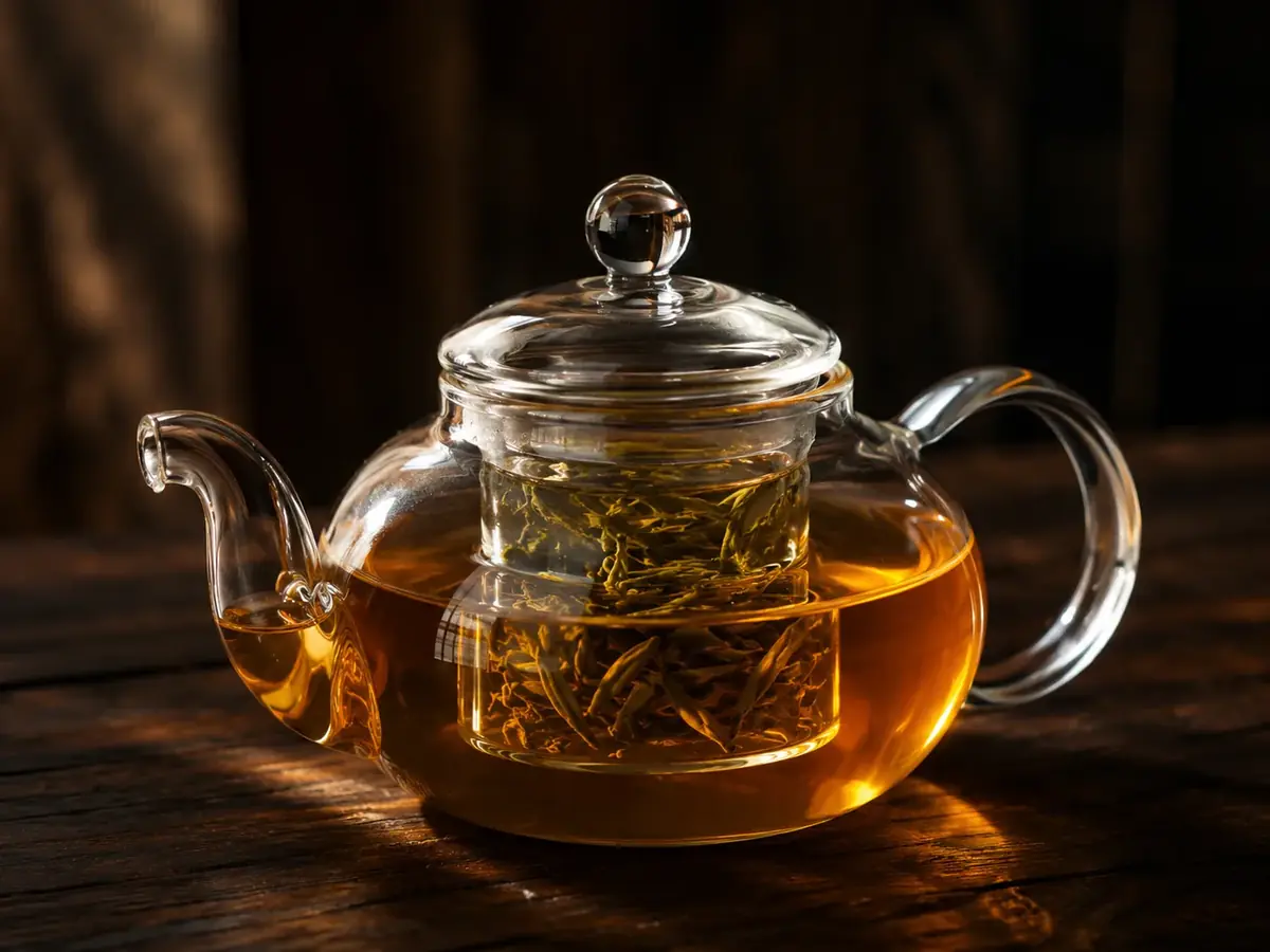 A glass teapot mid-brew on dark wood, deep amber tea inside and green leaves unfurling in the glass insert