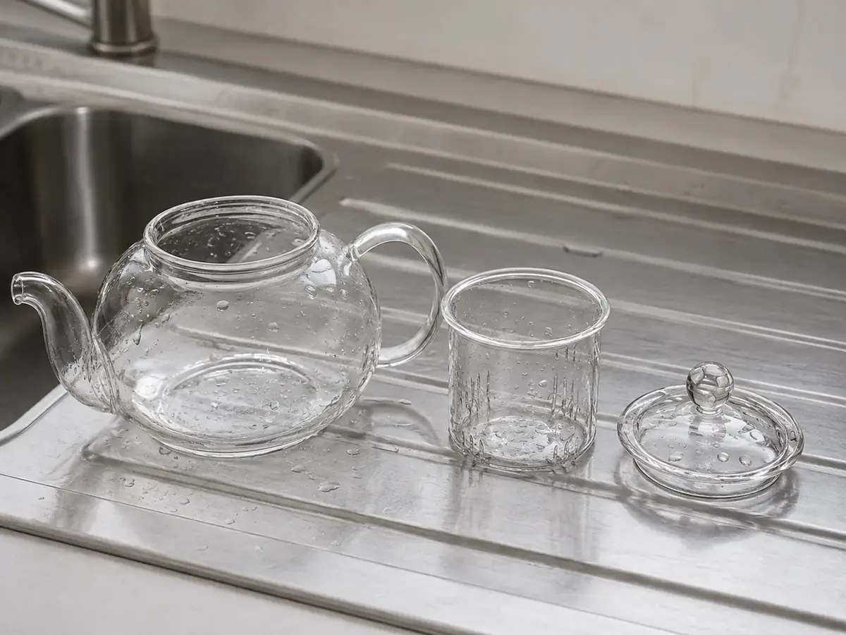 The glass teapot taken apart on a stainless draining board: empty body, glass insert and lid, beaded with water