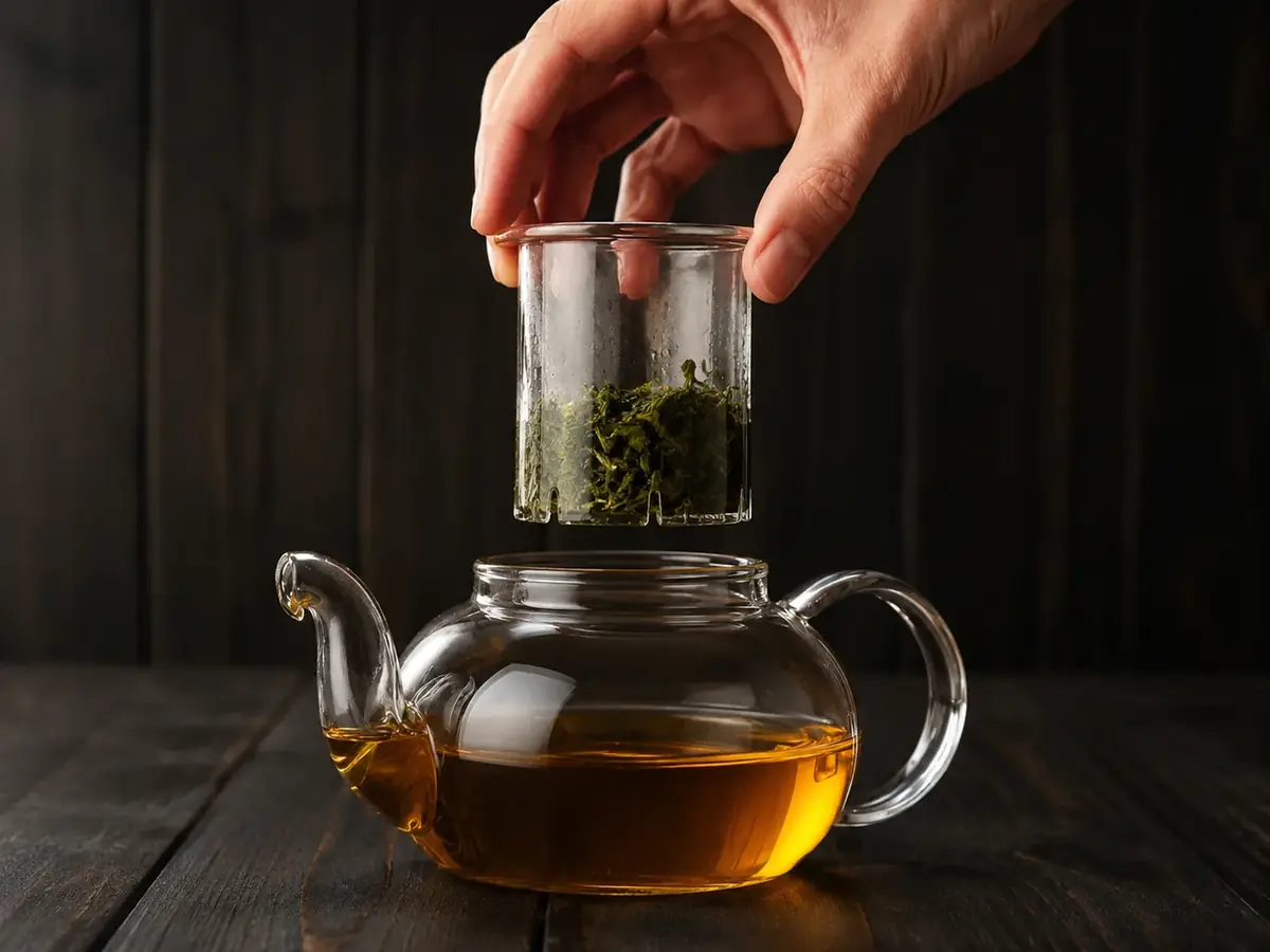 A hand lifting the clear glass infuser insert full of wet leaves out of a glass teapot of amber tea