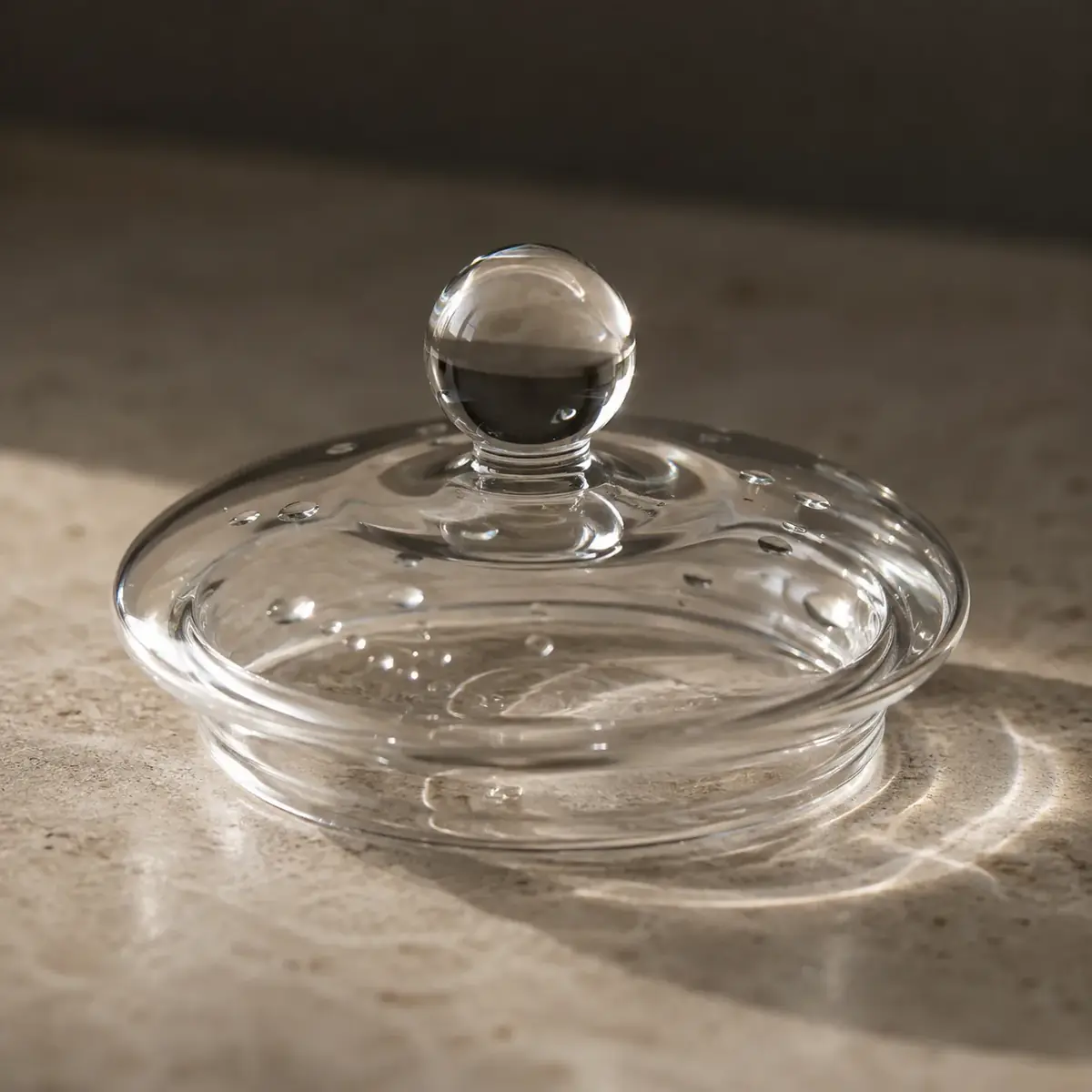Close-up of the clear glass teapot lid with its small ball knob, resting on a pale stone counter with water droplets